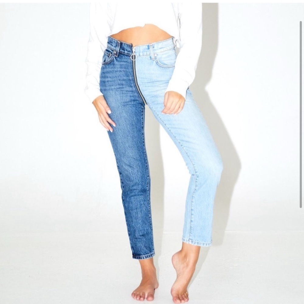 Revice Yin Yang Cropped High Rise Straight Leg Tokyo Wash Jean Denim Colorblock